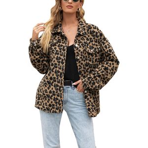 FOXA Abrigo tipo shacket de forro polar con estampado de leopardo para mujer, con solapa y diseño con botones para uso informal - Product Image 1