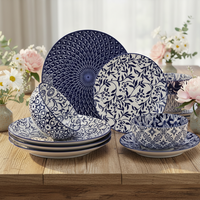 Ensemble de vaisselle en forme ronde, assiettes et bols, compatible micro-ondes et lave-vaisselle, vaisselle en porcelaine bleue et blanche classique et élaborée