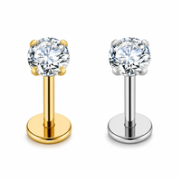 Piercings labret en titane ASTM F136 sans filetage, à enfiler, avec zircon cubique transparent et plaqué or, à dos plat, pour lèvre et oreilles, vente en gros de piercings corporels
