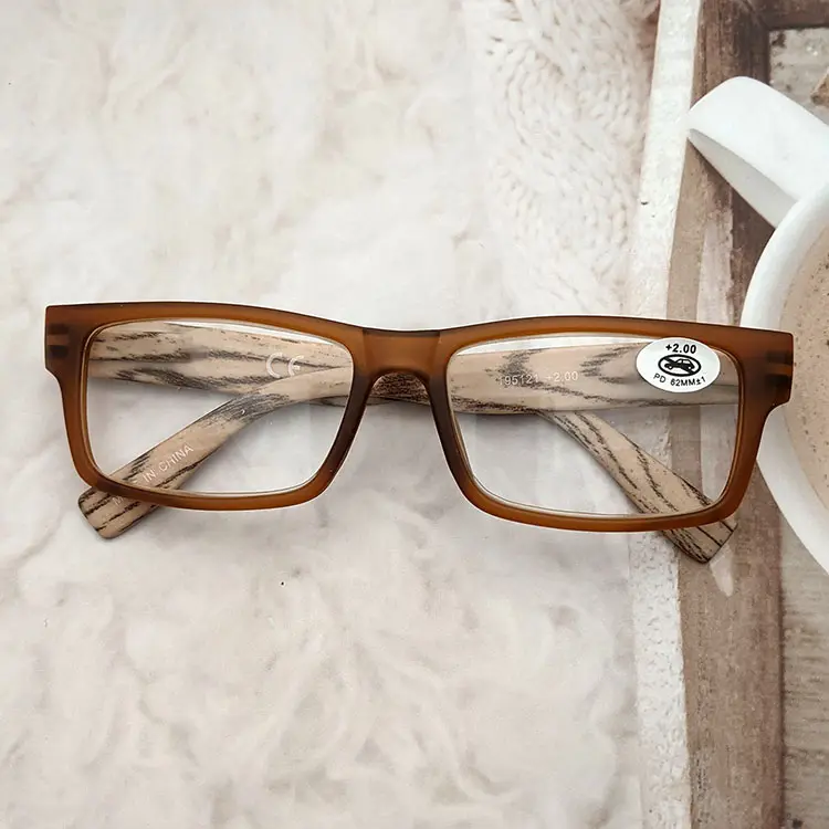新しいPC素材大きなフロント木目調老眼鏡スプリングヒンジ付きテンプル卸売用