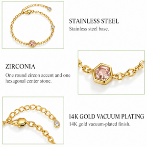 Pulsera de Acero Inoxidable Dorada y Plateada con Piedra Hexagonal y Acento de Circonita, Chapada al Vacío en Oro de 14K - Product Image 2