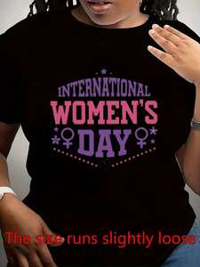 T-shirt per la Giornata Internazionale della Donna, da donna, a maniche corte, girocollo, vestibilità regolare, casual, con stampa di lettere, in tessuto jersey - Product Image 3