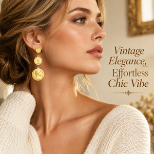 Boucles d'oreilles pendantes vintage en acier inoxydable plaqué or 18 carats, motif monnaie empilée, tailles graduées, portrait en relief - Product Image 6