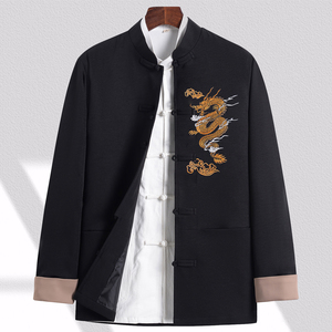 Nouvelle <span class=keywords><strong>tenue</strong></span> Tang de style chinois pour hommes jeunes et d'âge moyen, col montant brodé, manteau printemps-automne, Hanfu rétro - Product Image 1