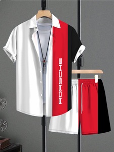 Ensemble 2 pièces d'été pour <span class=keywords><strong>homme</strong></span>, haut de gamme, imprimé 3D, à rayures, respirant, chemise à manches courtes et short, <span class=keywords><strong>tenue</strong></span> de plage - Product Image 5