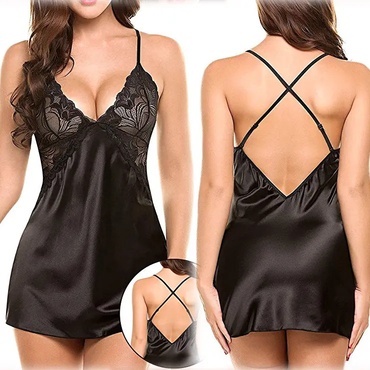 Cheap fashion backless Sexy Women Lingerie dress deep V ladies Lace Sleepwear Back Cross pigiama Night Dress