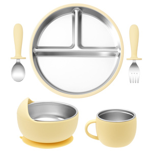 Premium TONGTU Baby- und Kinder-Essgeschirr-Set aus 304 Edelstahl und lebensmittelechtem Silikon, inklusive gebogener Schüssel, geteiltem Teller und Trinklernbecher - Product Image 1