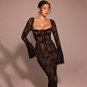Robe longue sexy en dentelle sans bretelles, style européen et américain, avec manches cloche, couche transparente, dos nu et découpes, pour rendez-vous, soirées et scène - Product Image 2