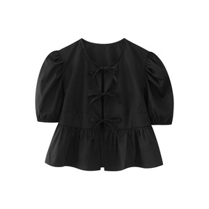 Camicette Vintage da Donna <span class=keywords><strong>con</strong></span> Collo Tondo, Maniche Corte, Lacci e Volant, Motivo Tinta Unita, Tessuto per Primavera Estate - Product Image 4