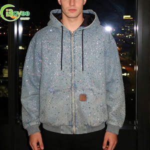 هودي مخصص مزين بالأحجار الكريستالية، قطن ثقيل الوزن، ملابس الشارع الكريستالية، تصميم عتيق فضفاض كبير الحجم، هودي دنيم بسحاب وتطريز للرجال - Product Image 2