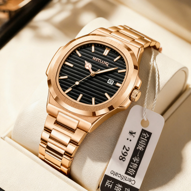 X- GEQCK Rose Gold Luxury Fashion Quartz Watch for Men Business Stainless Steel Waterproof Luminous Date Square Men's Watch
