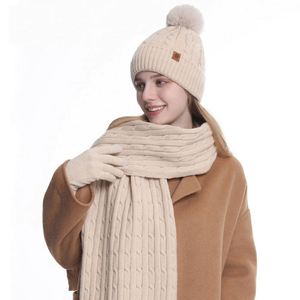 Wholesale Women's Winter Knitted <b>Hat</b> Double-Layer Thickened Fleece-Lined Knit <b>Hat</b> Scarf <b>and</b> <b>Gloves</b> Three-Piece <b>Set</b> Beanies - Product Image 1