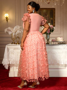 AM050509 Abito da Sera da <span class=keywords><strong>Donna</strong></span> Taglie Forti Rosa con Scollo a V, Maniche Corte, Applicazioni a <span class=keywords><strong>Farfalla</strong></span> e Cintura, Modello a Trapezio - Product Image 3