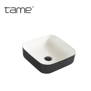 TAME PZ6134-WB Bathroom Countertop Basin White and Black Handwash Sink Rectangular Wash Face Ceramic Basin