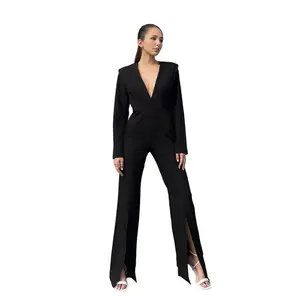 Pantalon asymétrique à manches longues pour femmes, vêtement sexy avec col en v et jambes larges, à fente latérale, collection automne/hiver 2022