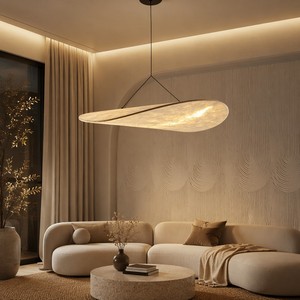 Lampe suspendue LED Wabi Sabi en soie imitation feuille, 3000K, lumière chaude, métal noir, pour salle à manger, villa, décoration intérieure, garantie CE 2 ans - Product Image 1