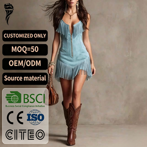 Custom Western Style Suede Fringe Mini <b>Dress</b> Deep V Zipper Sleeveless Slip Party Club <b>Dress</b> For <b>Cowgirl</b> Holiday <b>Dress</b> - Product Image 1