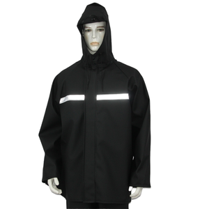 Heavy Duty Black PVC Fishing Rain Suit Waterproof <b>Hooded</b> Jacket and Bib Pants <b>with</b> Reflective Tape - Product Image 1