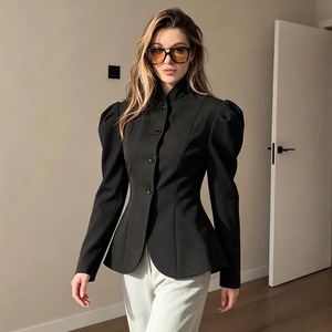 Chaqueta de Tweed para Mujer, Diseño Personalizado OEM ODM, Fabricante de <span class=keywords><strong>Chaquetas</strong></span> con Etiqueta Privada, Cuello Alto, Manga Abullonada, Color Negro, Otoño Invierno, Venta al Por Mayor - Product Image 2