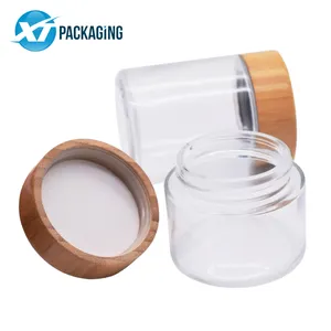 big size cosmetic 5ml 15ml 30ml 50ml 100ml clear frosted glass jar with childproof bamboo wood lid for packaging container