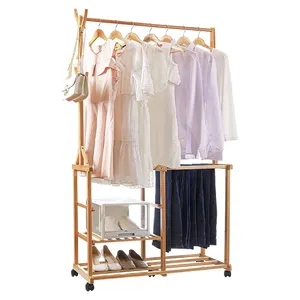 Clothing storage rack stable and adjustable layer hook wheel bamboo wardrobe