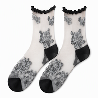 Kaos Kaki Wanita Jala Kristal Transparan dengan Bordir Bunga 3D