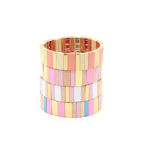 Bohemia Colorful Enamel Tile Bracelet Rainbow Tila Beads Bracelets Print Elastic Bangle Bracelets