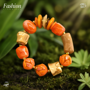 Fashion <b>Beaded</b> <b>Bracelet</b> 316L Stainless Steel PVD <b>Gold</b> Plating Sustainable Resistant Orange Beads Stretch Design - Product Image 3