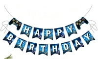 Bannière d'anniversaire sur le thème des manettes de jeu, spirales suspendues bleues, décorations de fête joyeux anniversaire