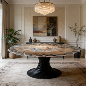 Table à manger <span class=keywords><strong>de</strong></span> luxe en verre artistique, plateau rond en résine transparente à motif tourbillonnant, base sur piédestal moderne et unique, grand meuble <span class=keywords><strong>de</strong></span> villa, pièce maîtresse - Product Image 5