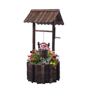 Wooden Wishing Wells for Outdoors with Hanging Bucket , Wishing Well Planters Rustic Style Patio Garden Ornamental, Brown
