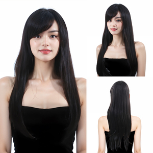 Perruque synthétique noire longue et droite pour femmes avec <span class=keywords><strong>frange</strong></span> naturelle à la recherche d'un usage quotidien Cosplay Fashion Hairstyle - Product Image 2