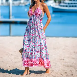 Wholesale Sexy Loose V Neck Sleeveless Spaghetti Strap Floral High Waist Beach Vacation Maxi Dress For Women