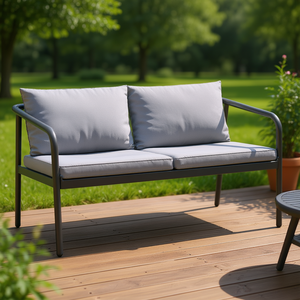 Aluminum Patio <b>Bench</b> Sofa <b>2</b> <b>Seater</b> Light Grey Cushions Outdoor Furniture Water Resistant Modern Design - Product Image 2