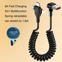 Câble USB rétractable Lulin 3-en-1 USB-C vers L/Type-C 6A, câble de charge rapide, synchronisation des données 480 Mbps, compatible CarPlay Auto, compact