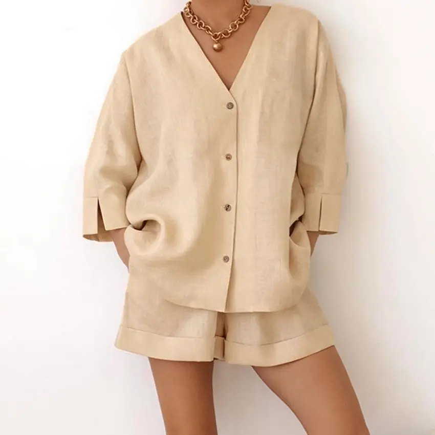Custom Blank Women Linen Clothing 2023 Summer Holiday Casual Two Piece Shorts Sets Matching Outfits For Home Wear
