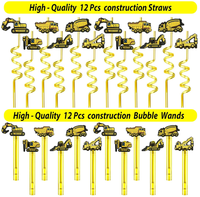 Kit de Faveurs Thème Construction pour Enfants : Autocollants Excavatrice et Pelleteuse, Baguettes à Bulles en Plastique, Porte-clés, Décoration de Gâteau - Cadeau pour Fêtes