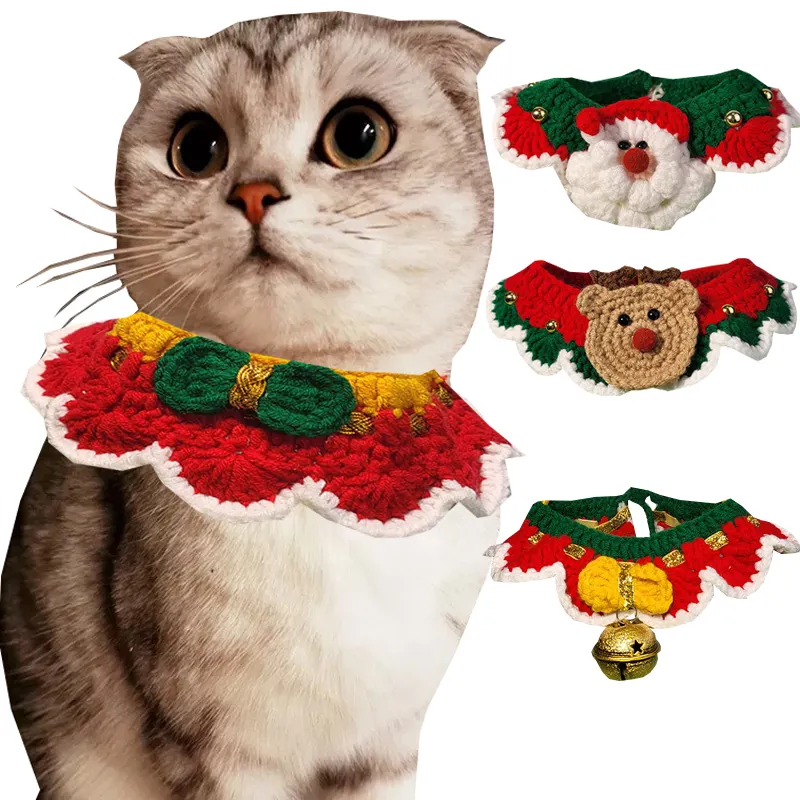 猫犬ペット用手作りかぎ針編みニットクリスマスカラーあみぐるみキッティングクリスマスネックレス動物用写真アクセサリー