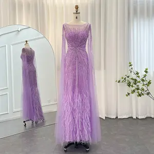 Jancember Hot Sale In Stock Purple Long Gown Lace Full Sleeve Sequined Women Party Plus Size Evening Dresses