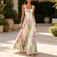 Robe longue plissée élégante pour femme à imprimé floral, sans manches, col carré, ceinturée, longueur ras du sol, motif fleur d'iris personnalisé
