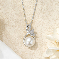 Kalung Liontin Daun dan Ranting Terbalik dengan Mutiara Air Tawar Putih Alami 9.5-10mm & Moissanite Bulat 1.1mm Langsung dari Produsen