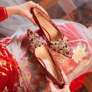 6555F-007 <b>Red</b> Crystal Pointed Toe <b>Heels</b> Women Wedding Dress Shoes Bride Formal Evening Wear - Product Image 1