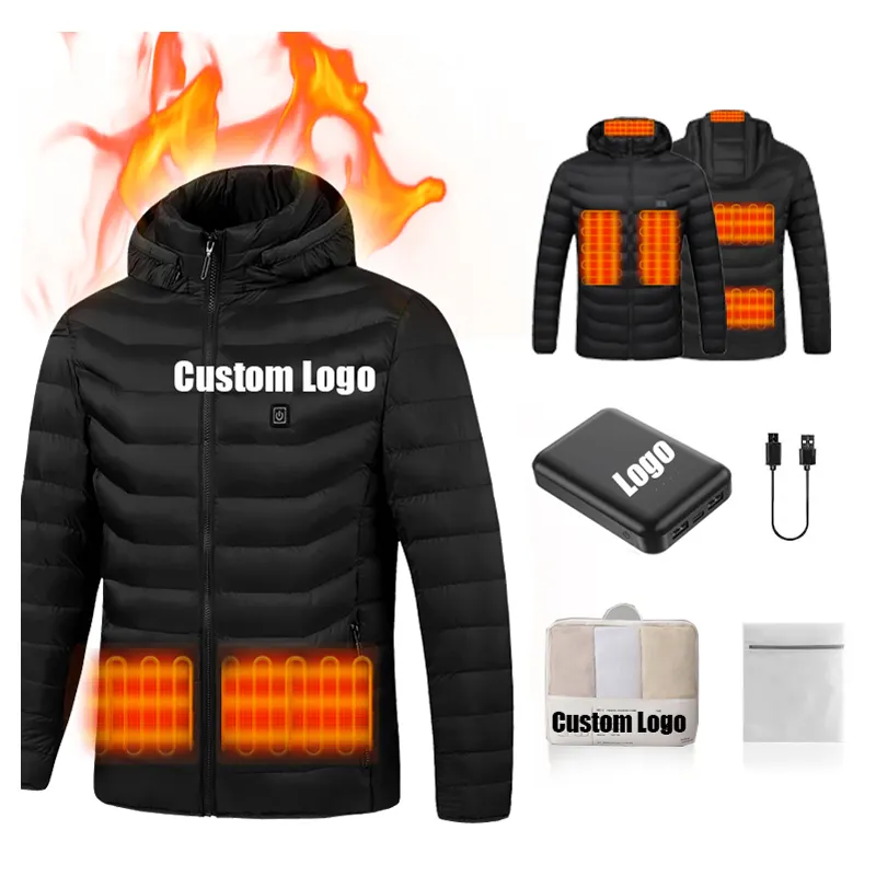 custom logo winter puffer heated long jacket with battery pack self heating jacket usb battery electric heat jacket mens