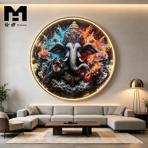 Décoration Murale Ronde LED Ganesha - Tableau sur Toile du Dieu Éléphant Hindou - Impression Religieuse sur Toile Encadrée - Product Image 5