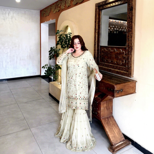 Elegant Women's 3 Piece Set Woven <b>Chiffon</b> Embroidered Long Sleeve O-Neck Top with Full Length <b>Skirt</b> and Dupatta All Seasons - Product Image 1