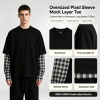 T-shirt décontracté pour homme à manches longues, motif à carreaux, couleur contrastée, style streetwear oversize, à porter en automne et au printemps
