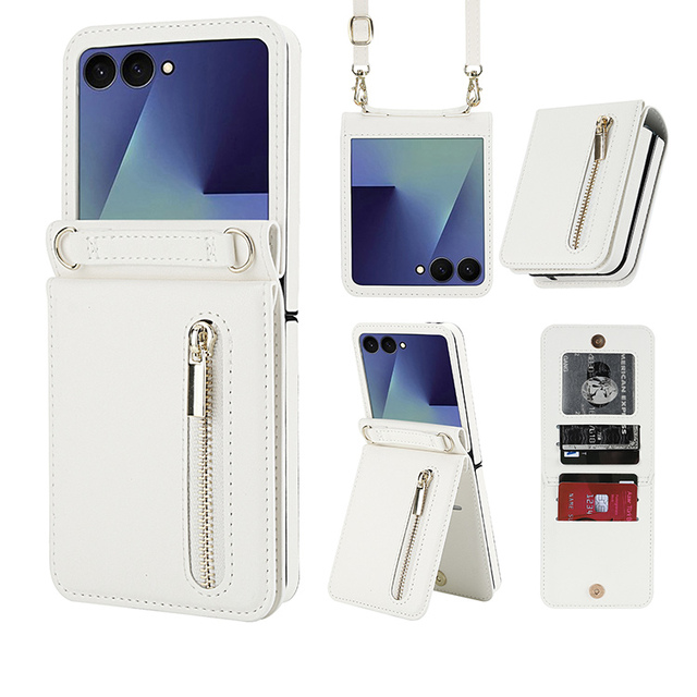Anti-drop Stand Leather Phone Case for Samsung Z Flip 3 4 5 6 7 Adjustable Crossbody Strap Mobile Phone Holder Phone Case