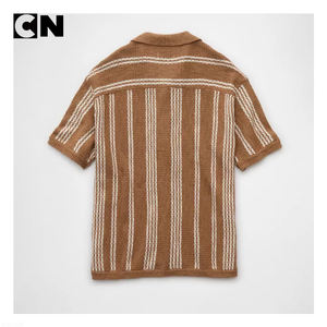 BSCI Certification Sweater Manufacturer Custom logo Men Cotton Short Sleeve Summer Striped <b>Cardigan</b> Sweater Button <b>Crochet</b> Shirt - Product Image 3