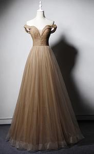 חרוזים למעלה קפה צבע בתוספת גודל קו נצנצים טול כבוי כתף המפלגה שמלות שושבינה שמלות - Product Image 2