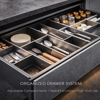 Meubles de cuisine modernes robustes en panneaux mélaminés avec éclairage LED intégré, portes en verre/acrylique, paniers de rangement, pour usage en villa